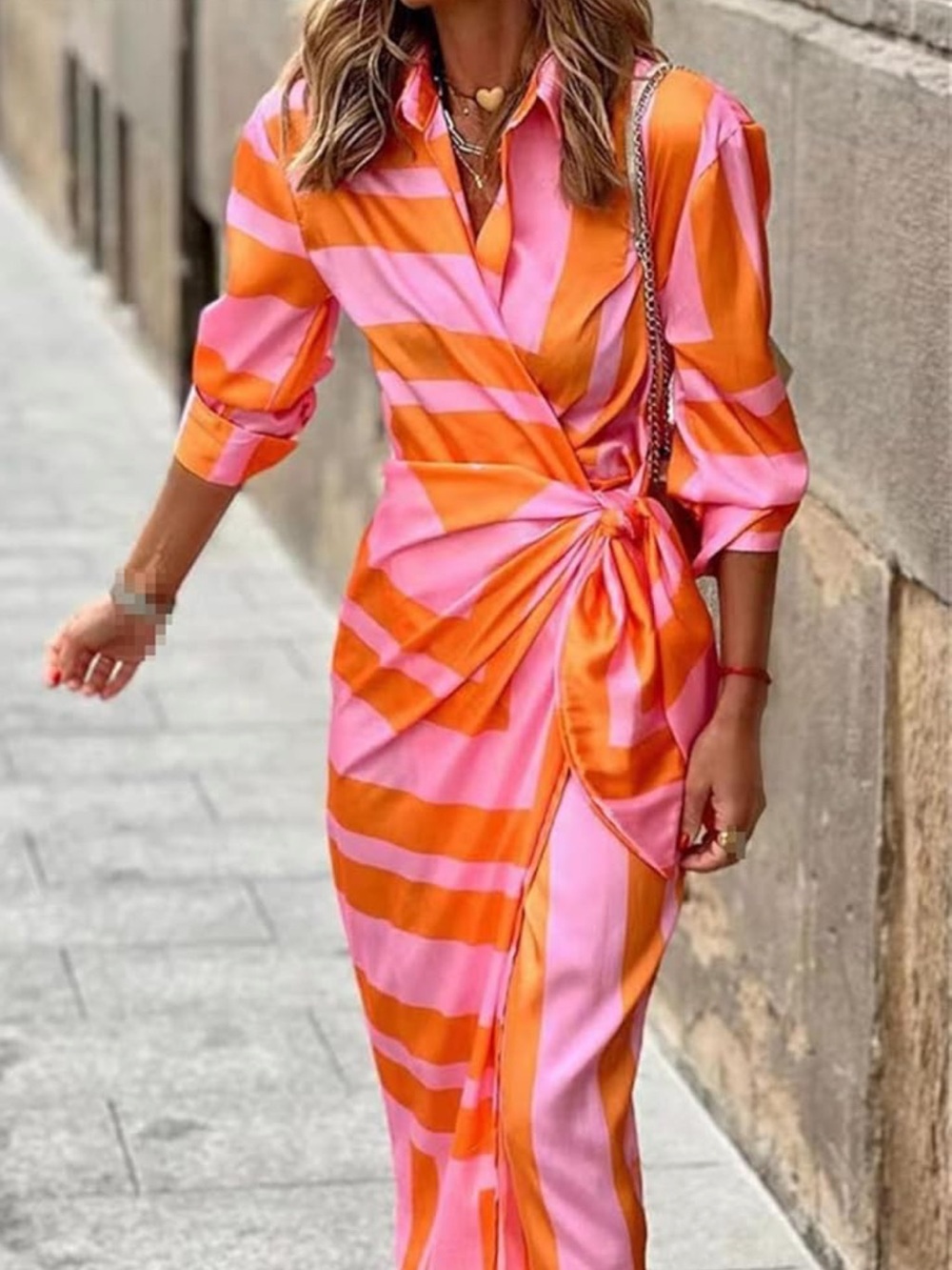 Pink & Orange Wrap Midi Dress with Knot Detail